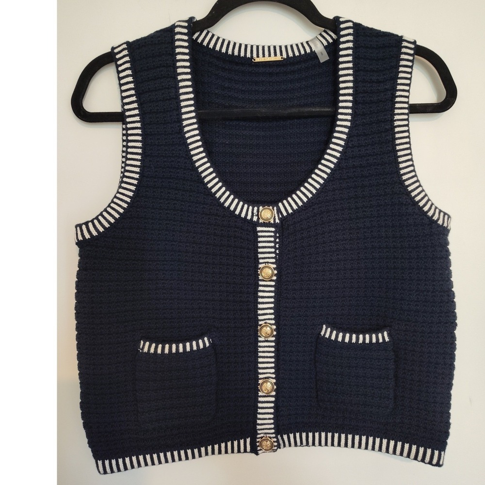 Elie Tahari Women Navy Blue White Trim Knit Vest ETR54255 Size M NEW